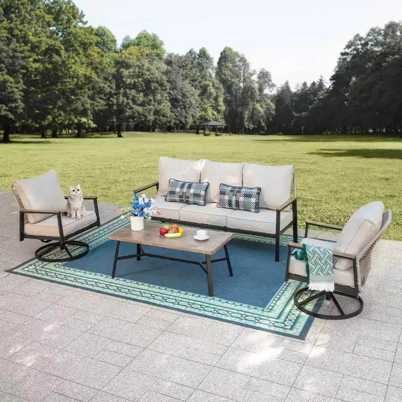 Captiva Designs 4pc 5-Seat Outdoor Patio Sofa Conversation Set With rope-Woven Rattan Swivel Chairs