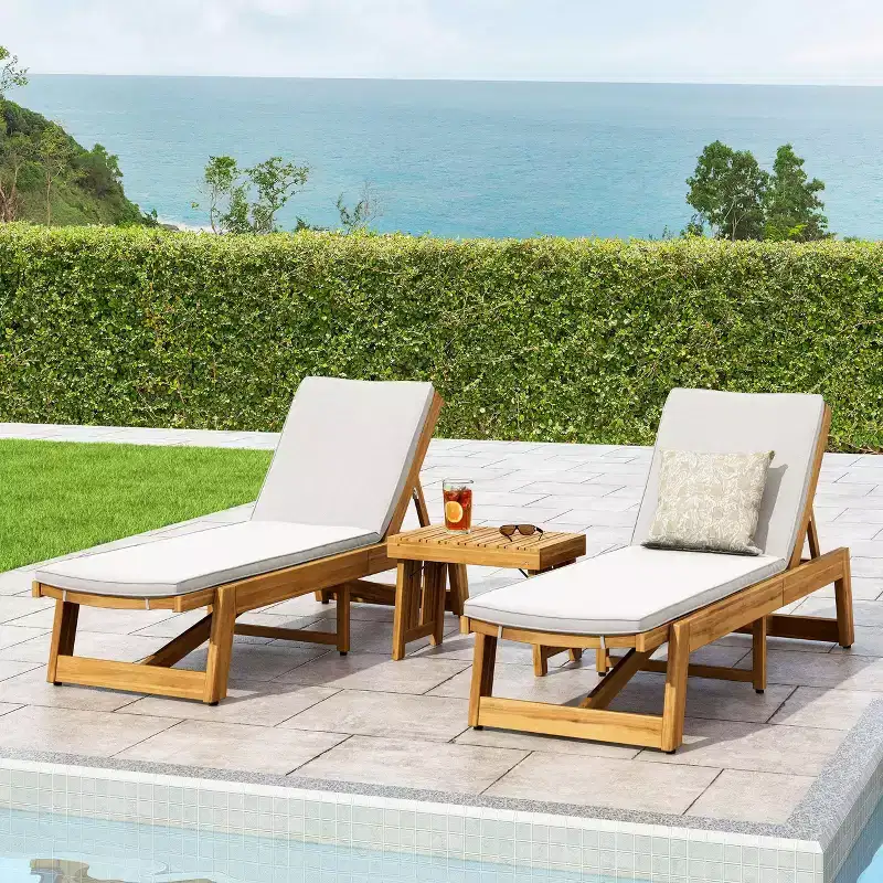 Kyoto 3pc Outdoor Acacia Wood Chaise Lounge Set with Cushions - Teak/Cream - Christopher Knight Home: Patio Set with Accent Table