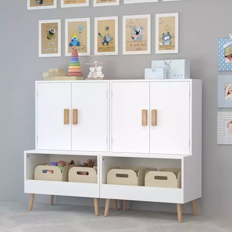 Kids Toy Storage Cabinet with Doors and Open Shelf, Modern Organizer with Natural Wood Legs - White