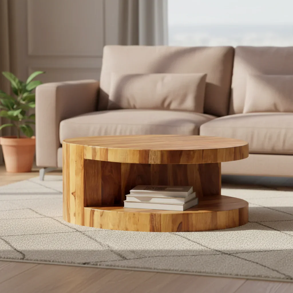 Round Solid Acacia Wood Coffee Table with Storage Shelf