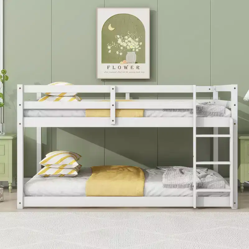 Okak Rubber Wood Twin Loft Bunk Bed,Low Profile Double Deck Bed with Wide Ladder & Reinforced Slats,Multi-Functional Loft Bed for Kids,Teens