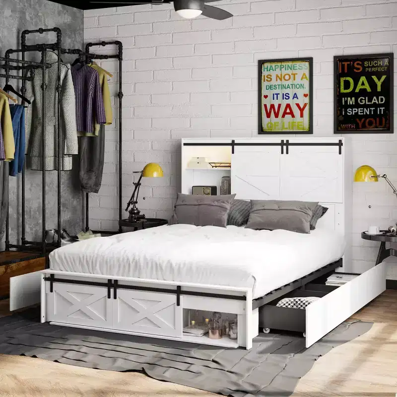 Famapy Modern Queen Bed Frame with Storage Drawers LED Headboard & Power Outlets White Wood Platform Bed for Bedroom