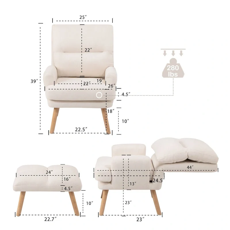 Accent Chair with Ottoman Set, Fabric Armchair with Wood Legs and Adjustable Backrest , Mid Century Modern Comfy Lounge Chair