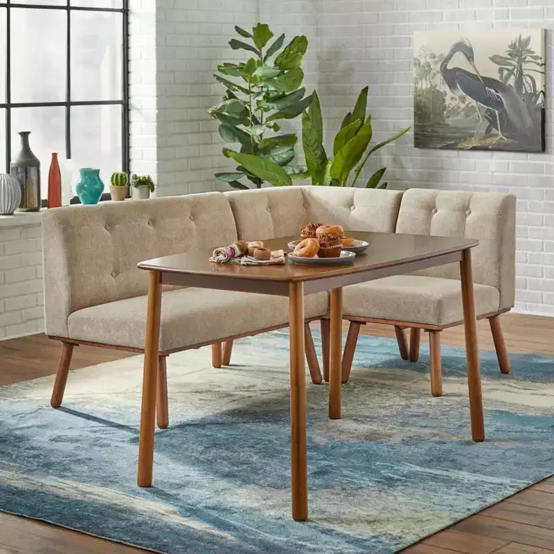 Buylateral 4pc Playmate Mid Century Modern Upholstered Breakfast Nook Dining Set Walnut Versatile Upholstered Furniture, Rubberwood