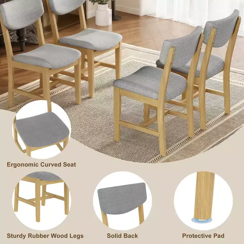 4-Piece Wood Dining Chair with Gray Upholstered Cushion