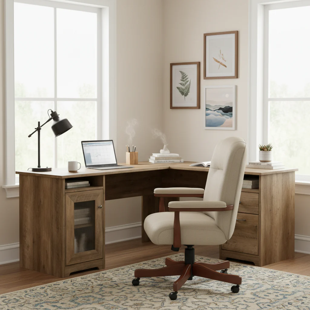 L-shaped computer desk with storage space.