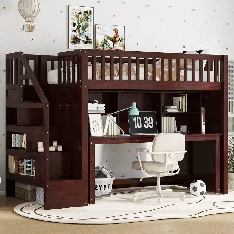 Twin Loft Bed with Movable Desk, Storage Stairs & Shelf, No Box Spring Required