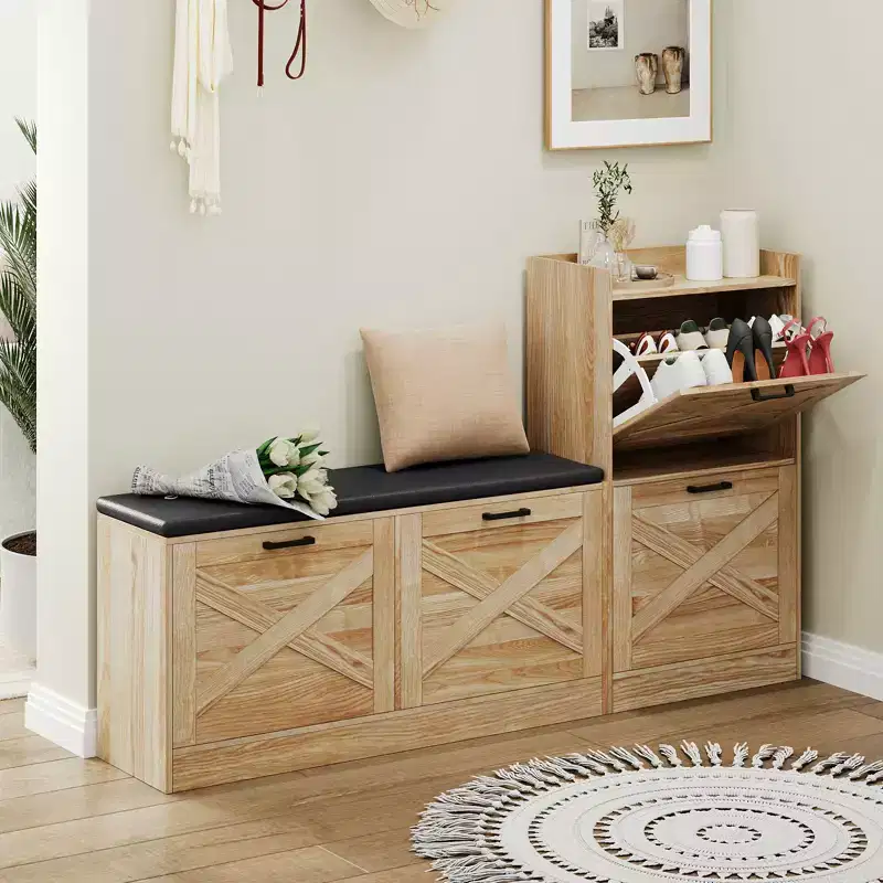 Bench with 4 flip-up drawers and padded seat cushion, Wooden narrow shoe storage rack, Suitable for living room entryway bench
