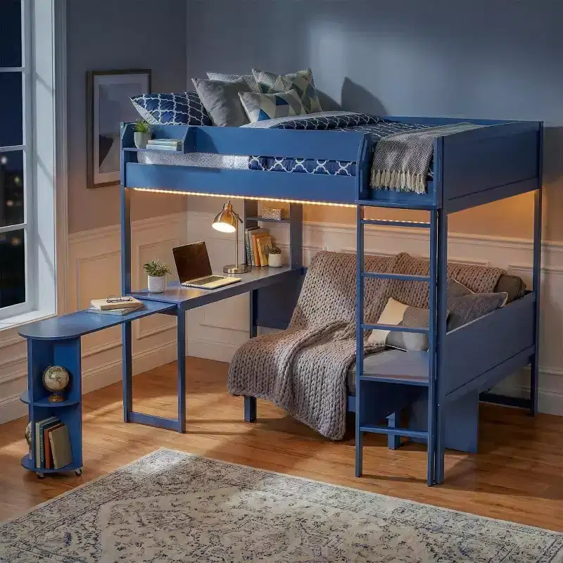 Full Size Wood Loft Bed with Desk, Storage Shelf, Convertible Sofa, LED Light,Space-Saving Bed Frame - ModernLuxe