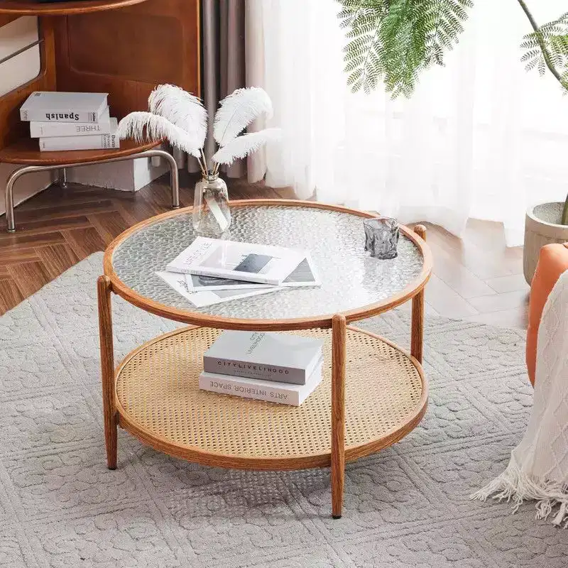 Double-Layered Round Water Ripple Glass and PE Rattan Tabletop Matched with Heat Transfer Wood Grain Iron Frame Coffee Table