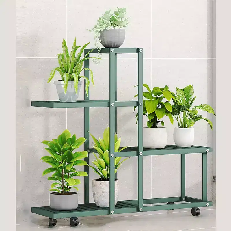 Multi-Tier Metal Plant Stand with Wheels, European Style, White/Green, for Living Room & Balcony