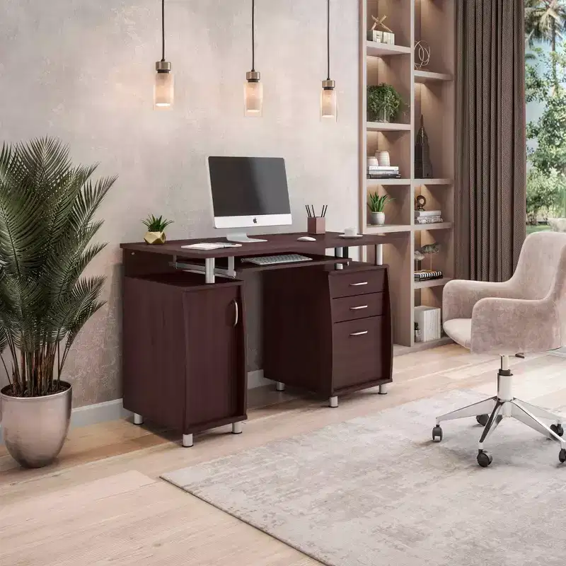 Complete Workstation Computer Desk with Storage Brown – L-Shaped Office Desk with Cable Management