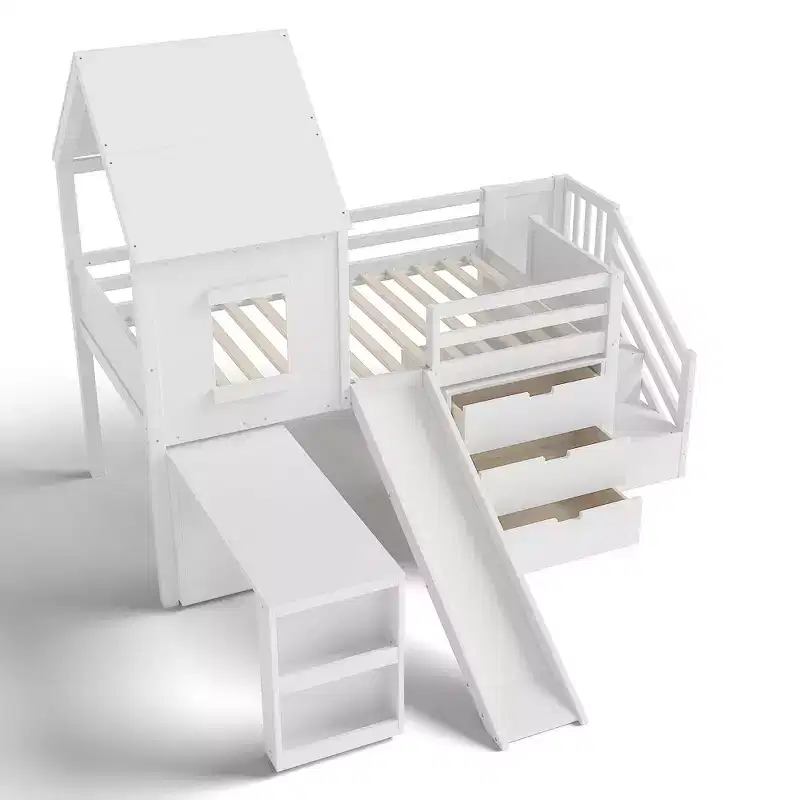 Wood Twin Loft Bed with Slide, Removable Desk & Storage Stairs
