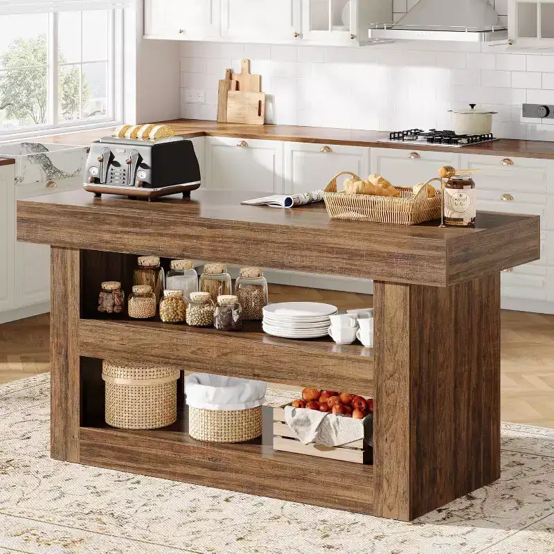 55 Kitchen Island, 3-Tier Stationary Island Table with Large Countertop, Wooden Coffee Bar Table Storage Cabinet for Dining Room