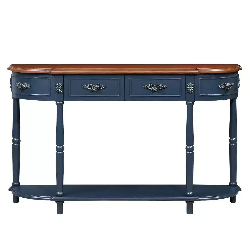 Retro Curved Pine Console Table, Open Shelf & 2 Drawers — Navy Blue & Brown