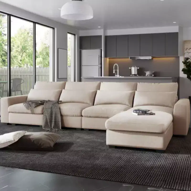 Modern Large L-Shape Feather Filled Sectional Sofa, Convertible Sofa Couch with Reversible Chaise for Living Room