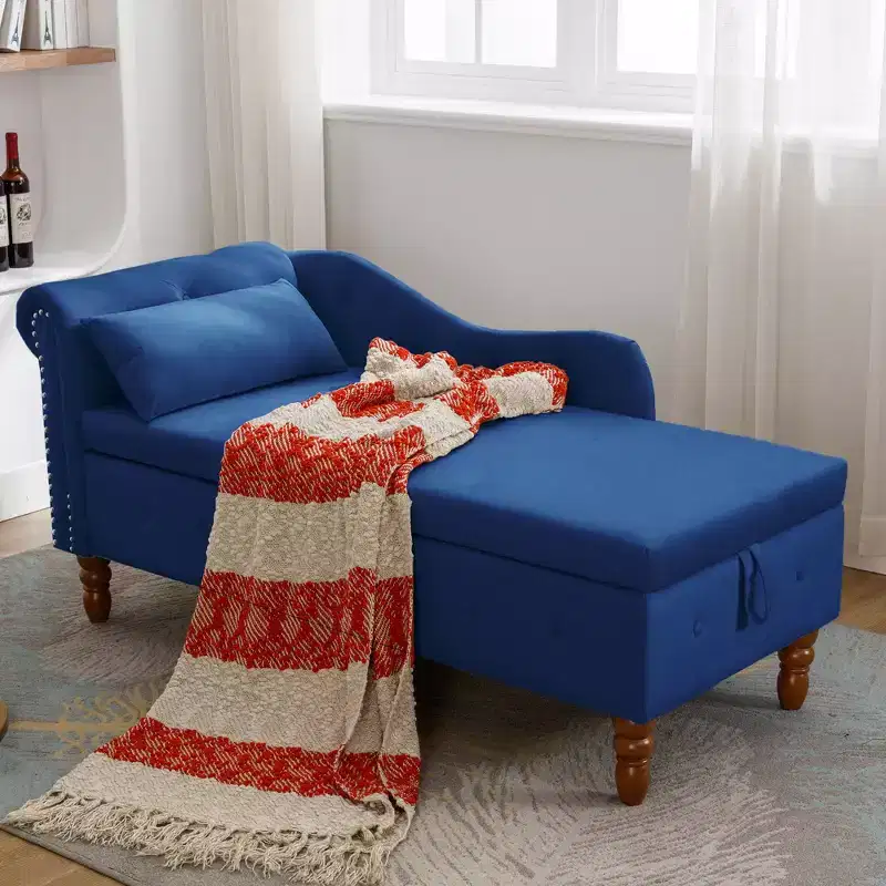 Velvet Chaise Lounge with Hidden Storage, Rolled Arms & Pillow, Chesterfield Style