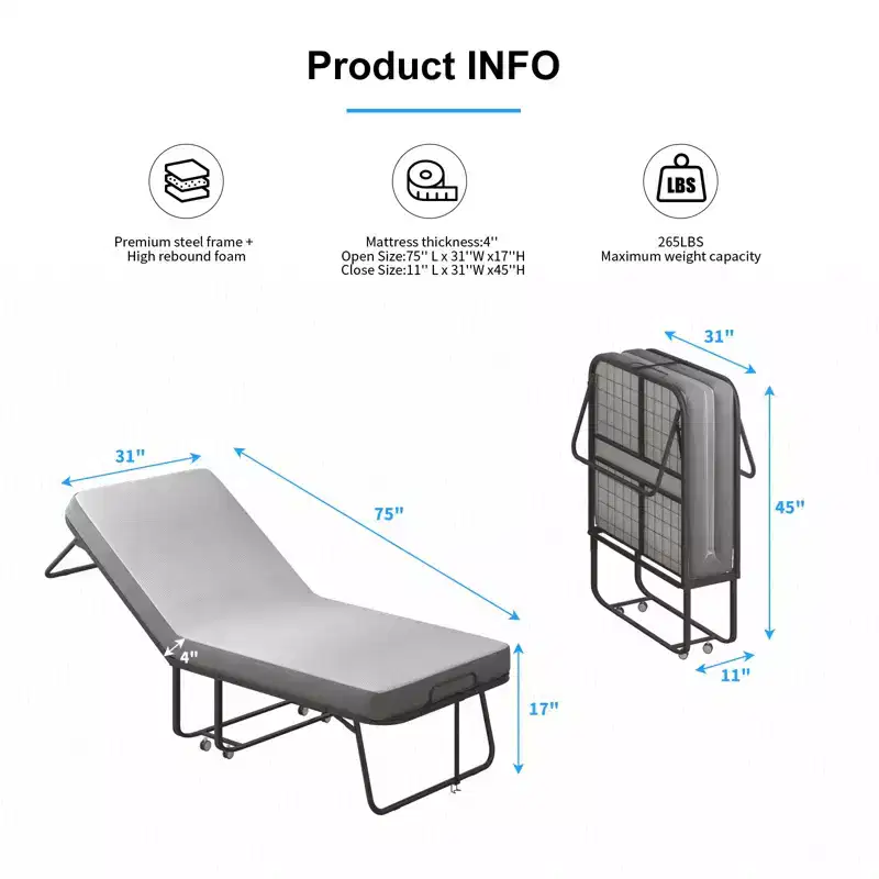 Mjkone Folding Bed with Mattress,Portable Guest Bed Camping Cot,Soft Padded Rollaway Sleeping Bed