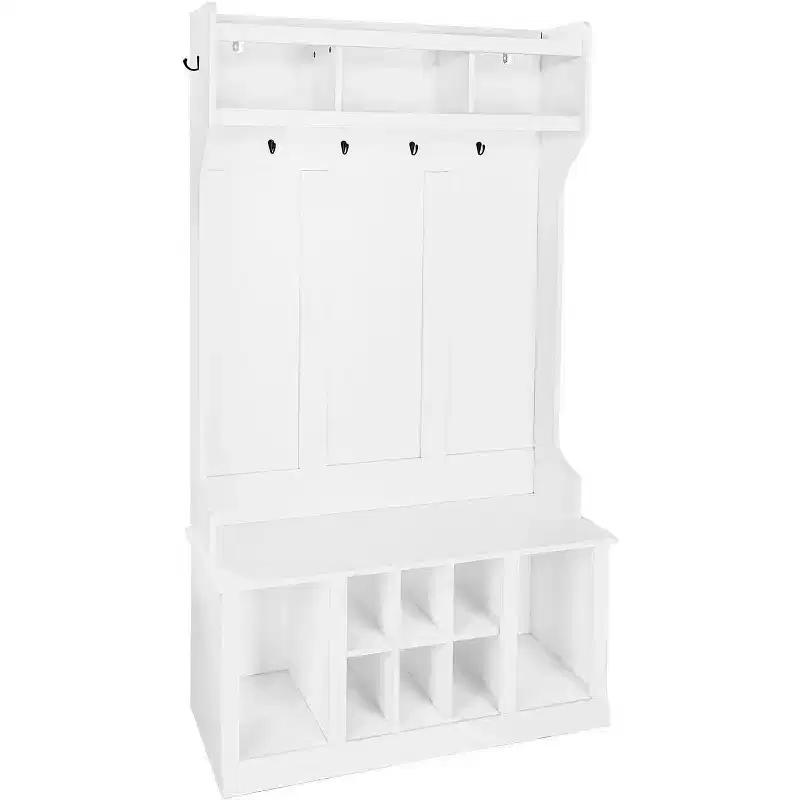 Multi-Functional Hall Tree, Entryway Bench with Storage Cabinet & 8 Shoe Cubes, Includes Top Shelf & 6 Coat Hooks, White Design