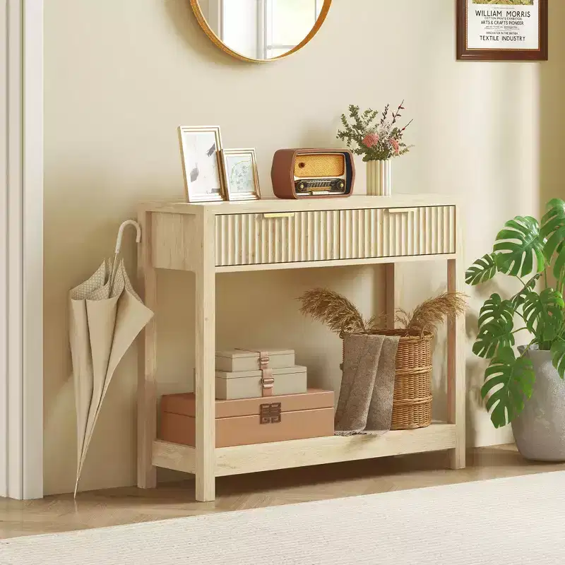 35 Modern Console Table with Storage, Narrow Hallway Table with Fluted Panel Drawers and Shelf for Living Room, Natural