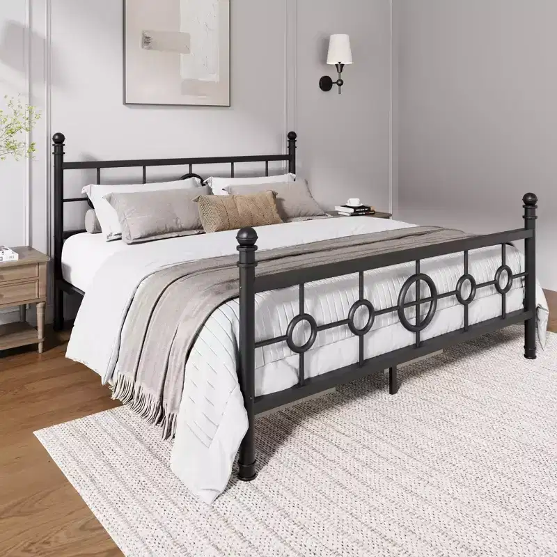 Bed Frame with Vintage Circular Headboard and Footboard, Metal Platform Bed Frame, No Box Spring Needed, Noise-Free Design, Easy Assembly