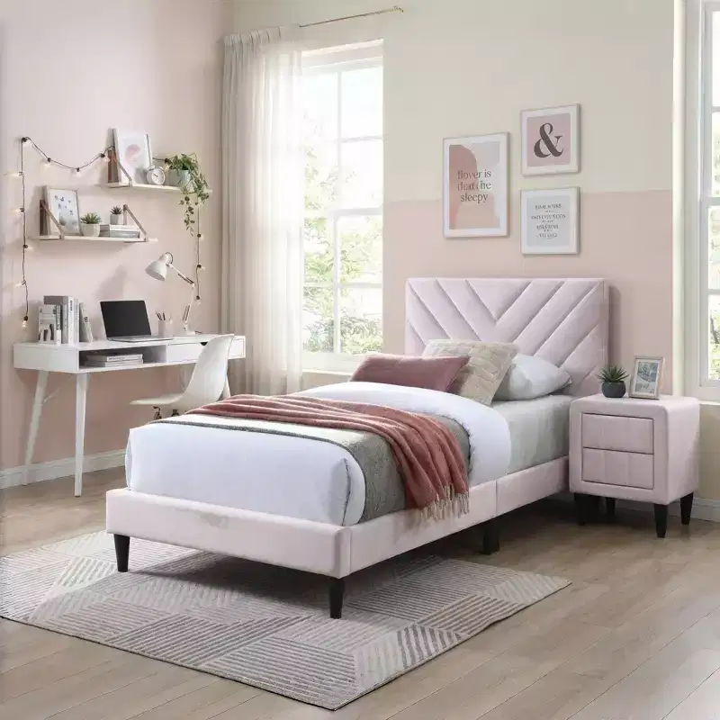 GDFStudio Evelyn Contemporary Velvet Upholstered Platform Bed with Adjustable Headboard