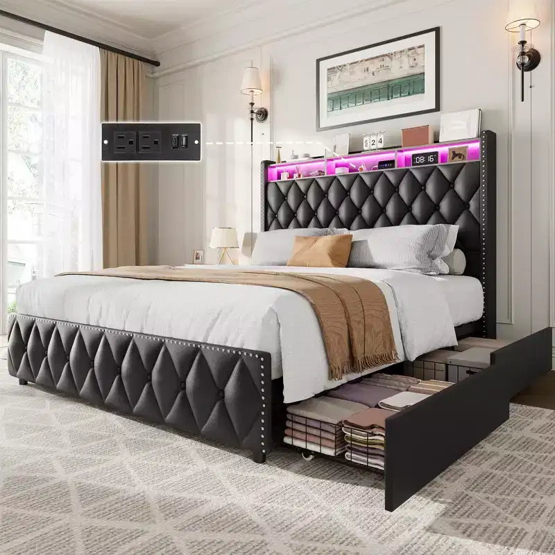 Platform Velvet Upholstered Bed Frame with 4 Storage Drawers, USB Charging Station, LED Lights, No Box Spring Needed, Easy Assembly