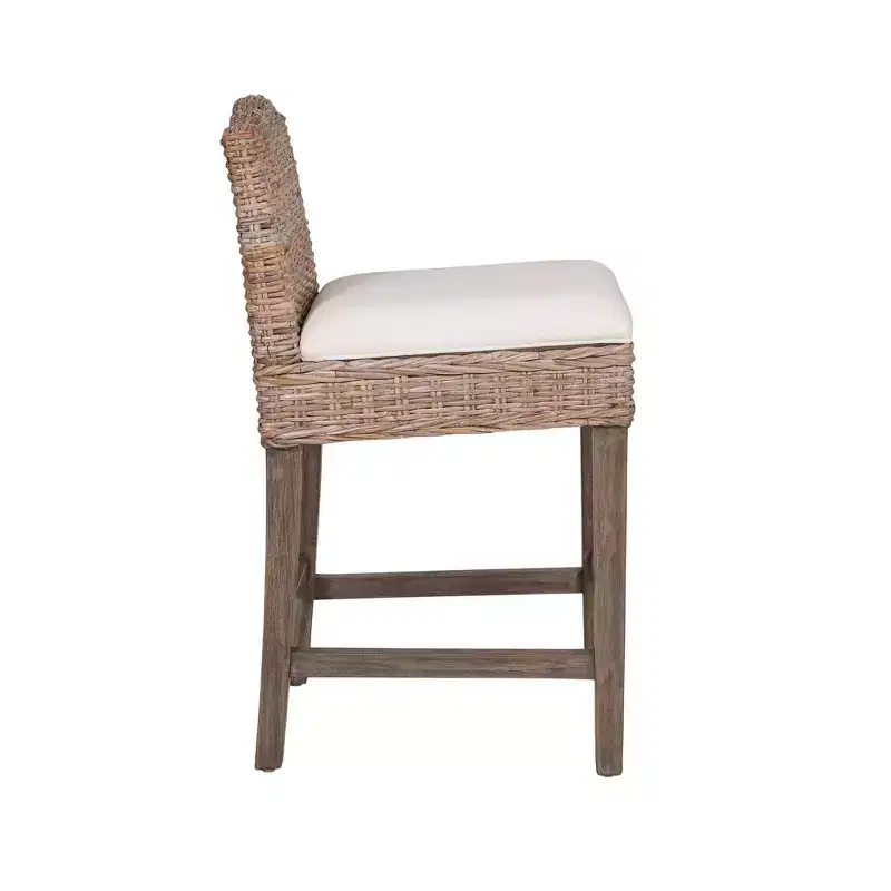 Rattan Counter Height Barstool with Upholstered Seat and Wood Base – Tan Cotton