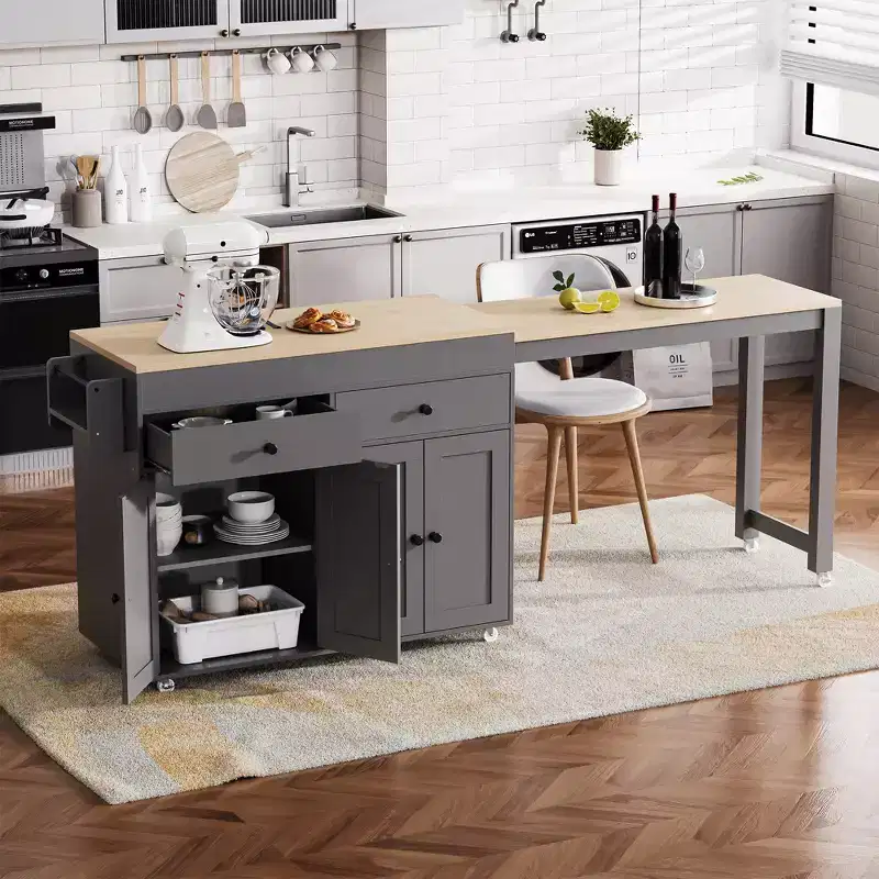 GDFStudio Galen 74.5 Rolling Kitchen Island with Extendable Dining Table, 2 Drawers and 4 Door Cabinet