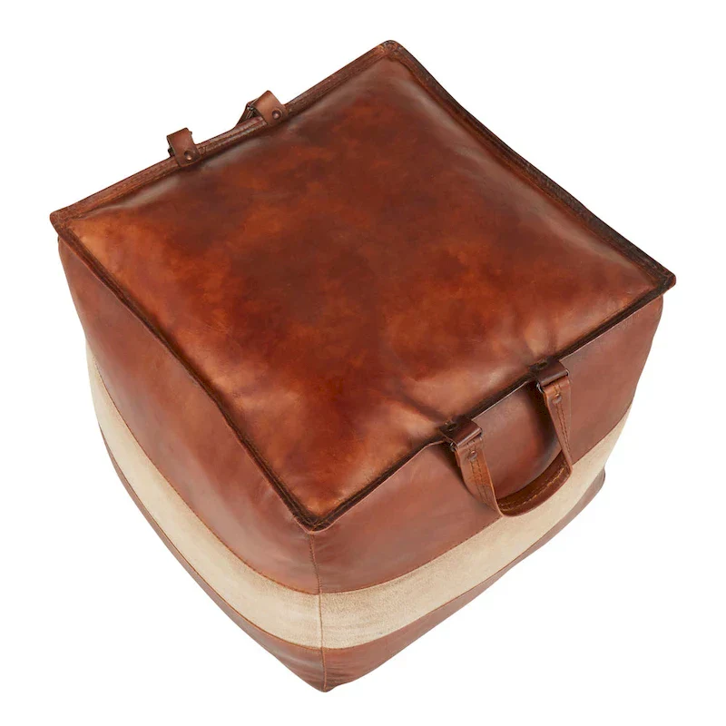 Leather & Canvas Pouf Ottoman – Brown/Tan, Black/Grey, Espresso/Tan – 1 Person