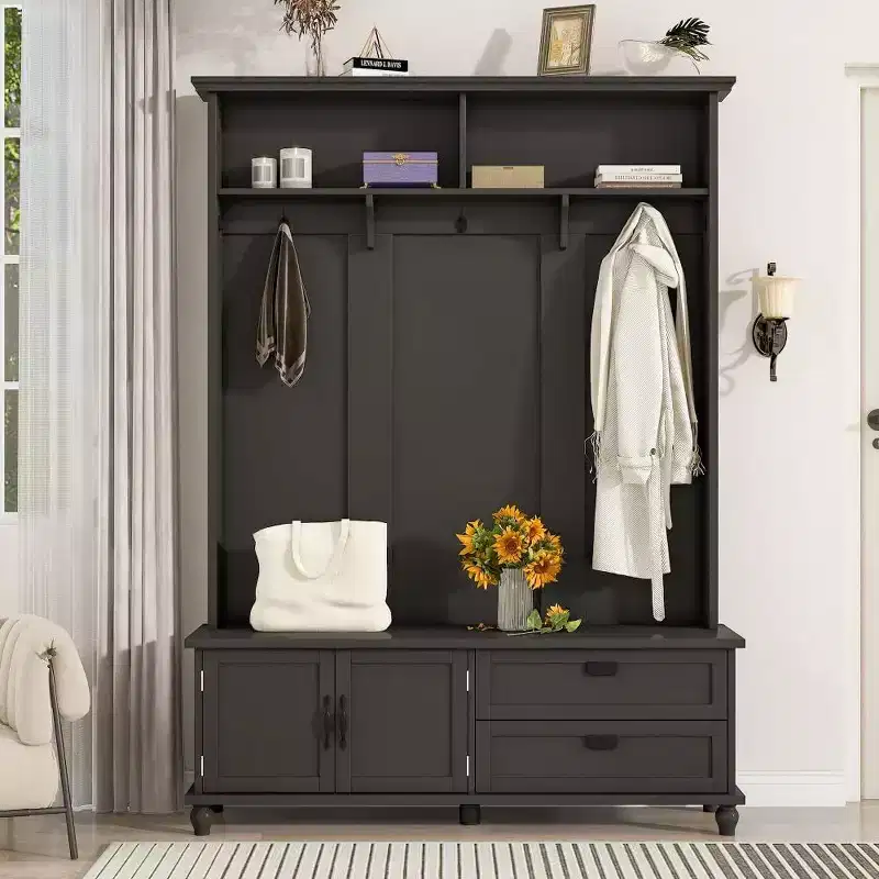 Modern Hall Tree with Storage Cabinet, 2 Large Drawers, Wide Bench and 5 Hooks, Entryway Organizer, Black