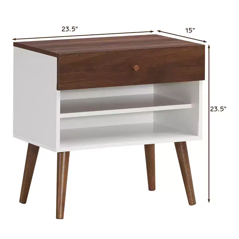Nightstand End Side Table Drawer Storage Shelf Mid-Century Rubber Wood Leg