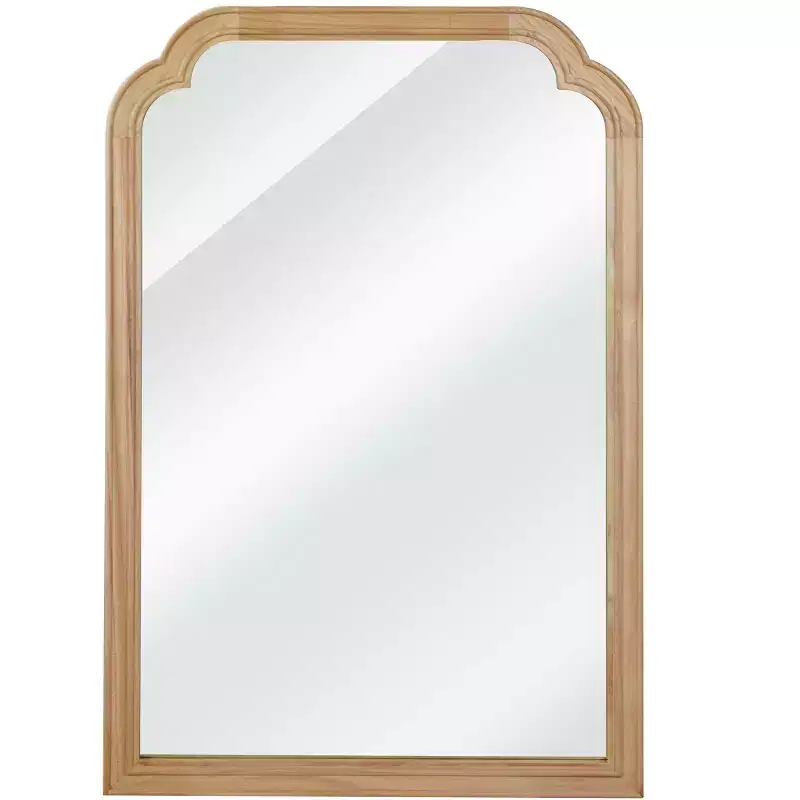 Natural Wood Color 24 x 36 Solid Wood Frame Rounded Corner Decorative Mirror, For Bedroom, Bathroom, Living Room, Entryway