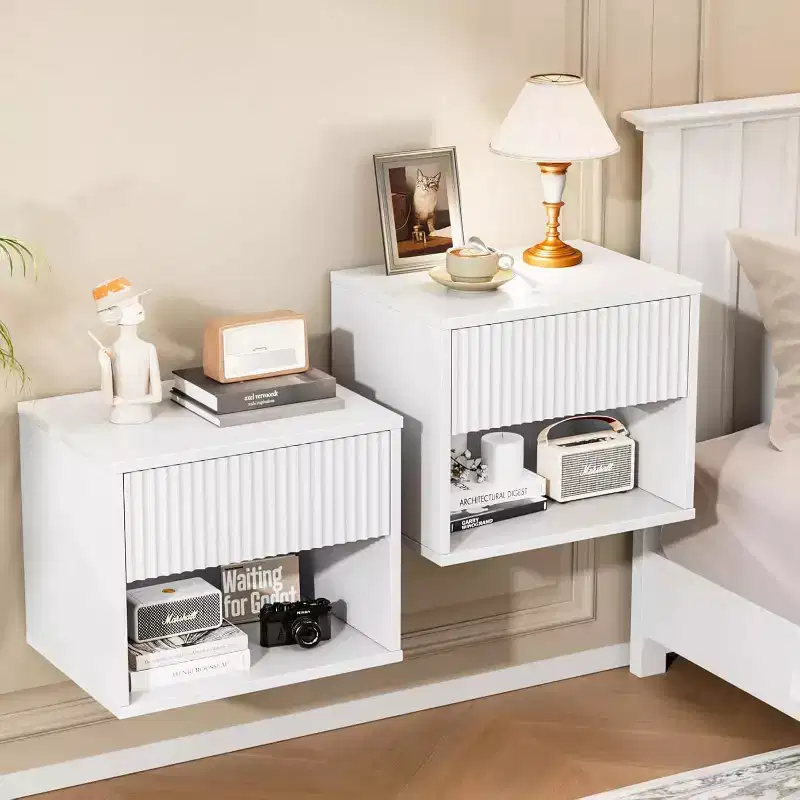Floating Nightstand with Drawer – White Fluted Bedside Table
