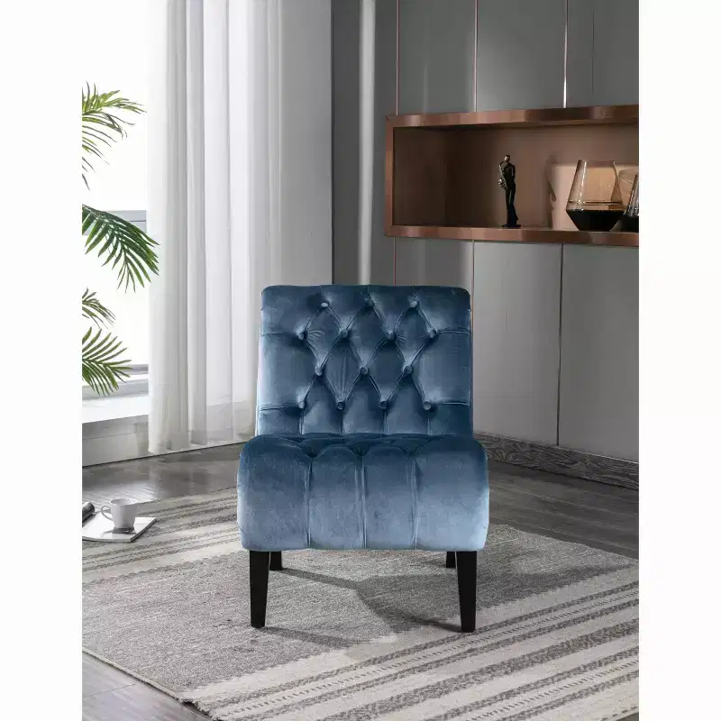 Modern Armless Velvet Accent Chair, Upholstered Fabric Button Comfortable Chair with Wooden Legs