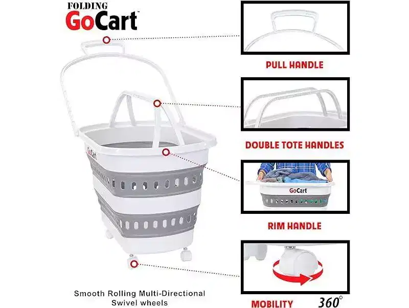 dbest products Folding Gocart Collapsible Laundry Basket On Wheels Grocery Cart Shopping Foldable Pop Up Plastic Hamper Tote