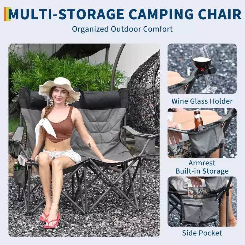 Camping Chair for 2 Adults Heavy Duty Folding Outdoor Loveseat, High Back Support, Padded Seat, Headrest, Cooler Pouch, Cup Holders, 700 lbs Capacity