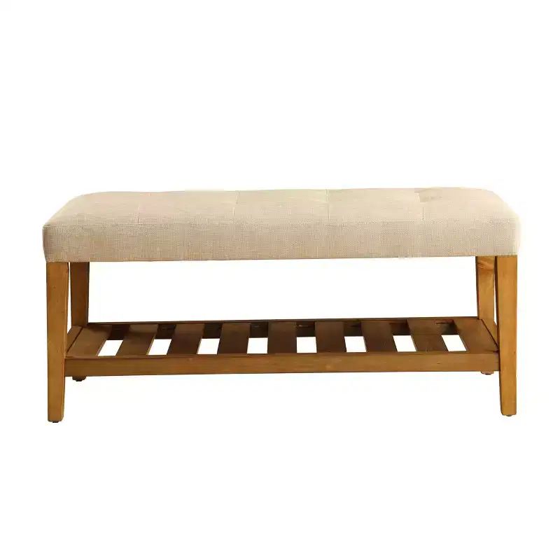 Tufted Upholstered Bench with Nailhead Trim and Oak Legs – Beige