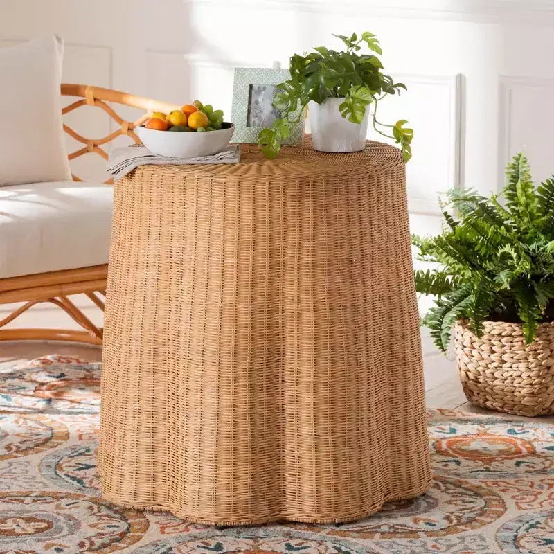 Palm Bohemian Honey Scallop Rattan End Table, Boho Accent Side Table