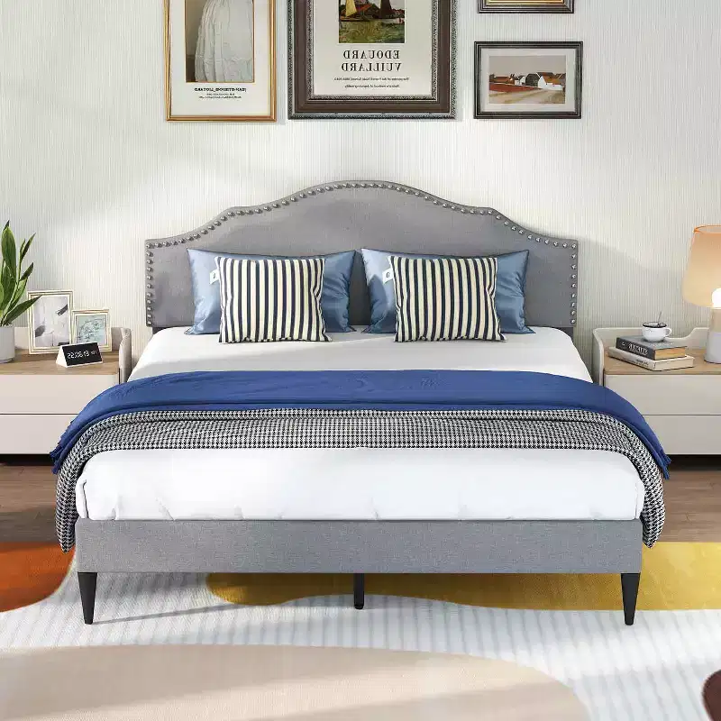 BestMassage Upholstered Platform Bed Frame with Headboard Fabric Mattress Foundation No Box Spring Needed(Grey, Queen)