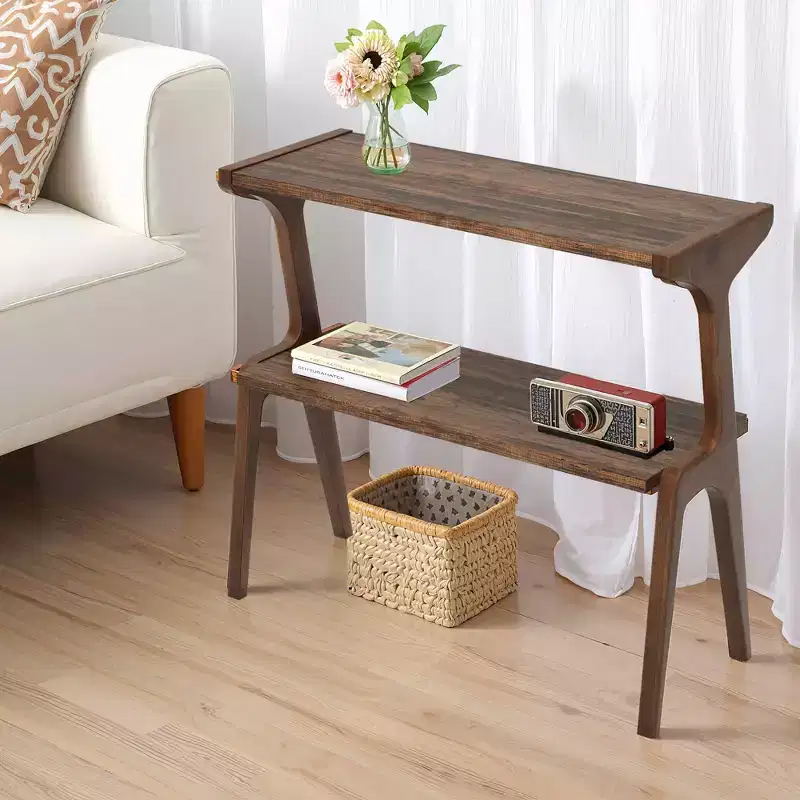 MAYEERTY Solid Wood End Table, 2-Tier Sofa Side Table with Storage Shelf