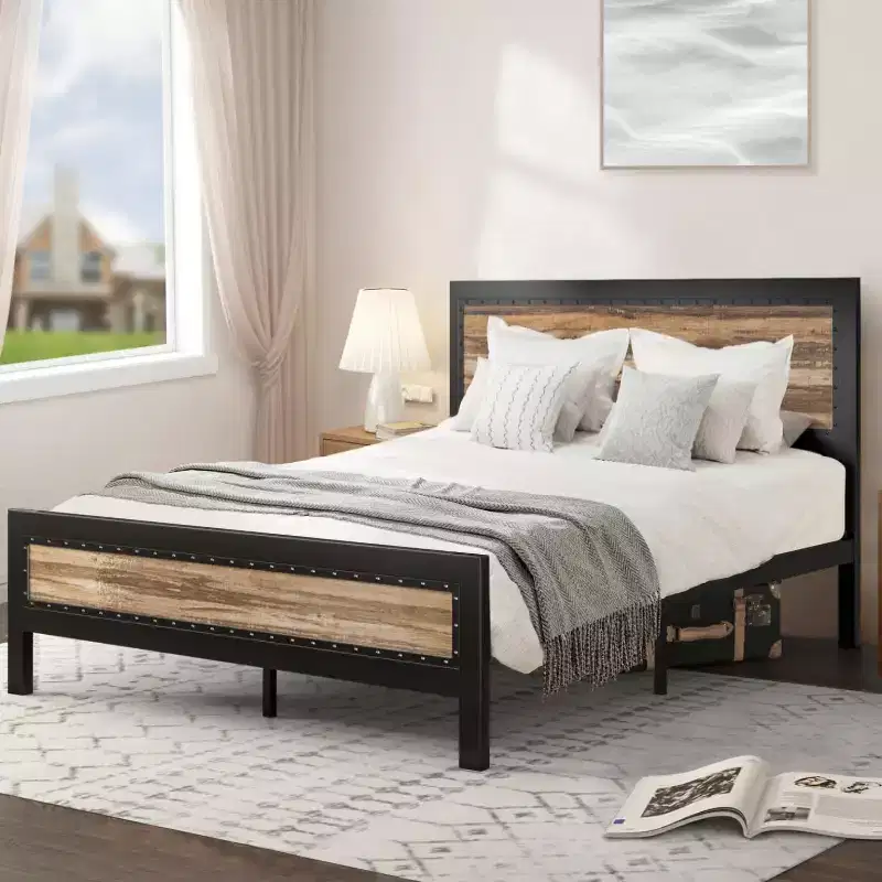 Heavy-Duty Platform Metal Bed Frame with Headboard, Rustic Strip and Rivet Decoration
