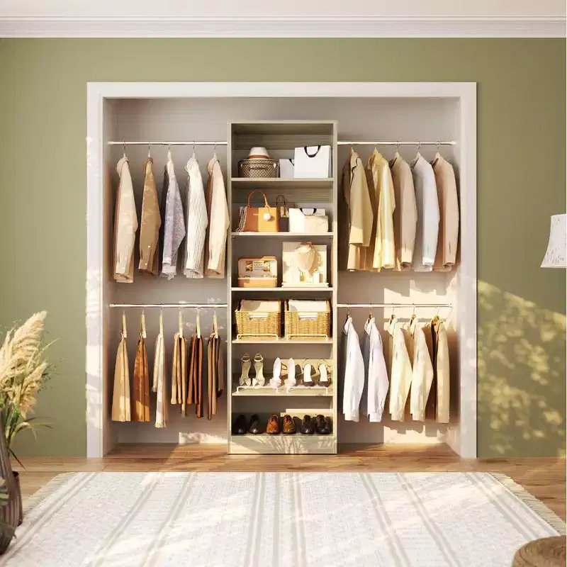 White Modular Walk-In Closet System with Hanging Rods & Shelves, Single-Person