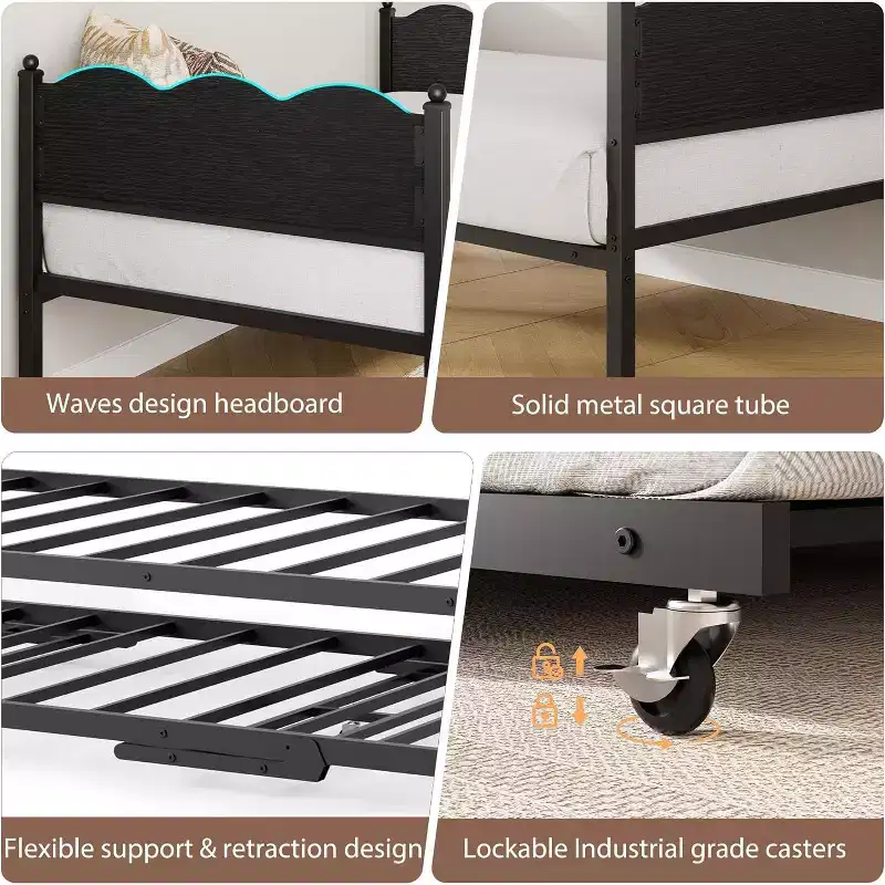 Twin Size Daybed with Trundle, Metal Frame with Wavy Wood Grain Headboard, Lockable Casters, Space-Saving Sofa Bed, No Box Spring Needed