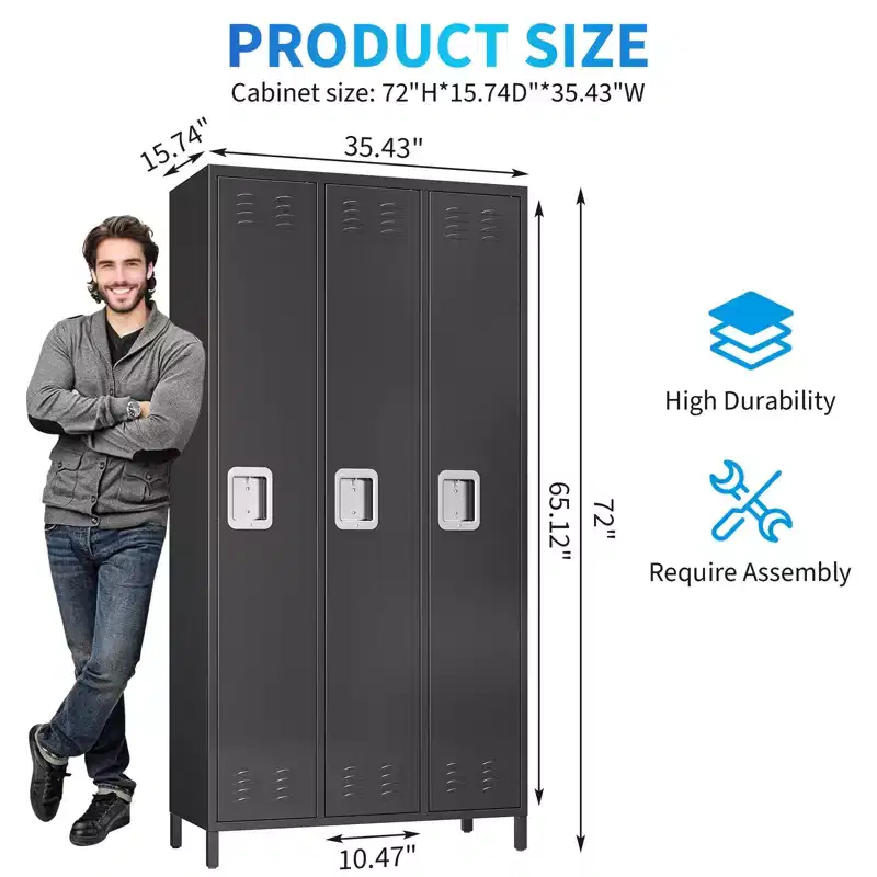Metal Lockers, 3-Door Metal Storage Cabinets Locker, Secure Storage Solution, Perfect for Offices, Gyms, Schools & Homes