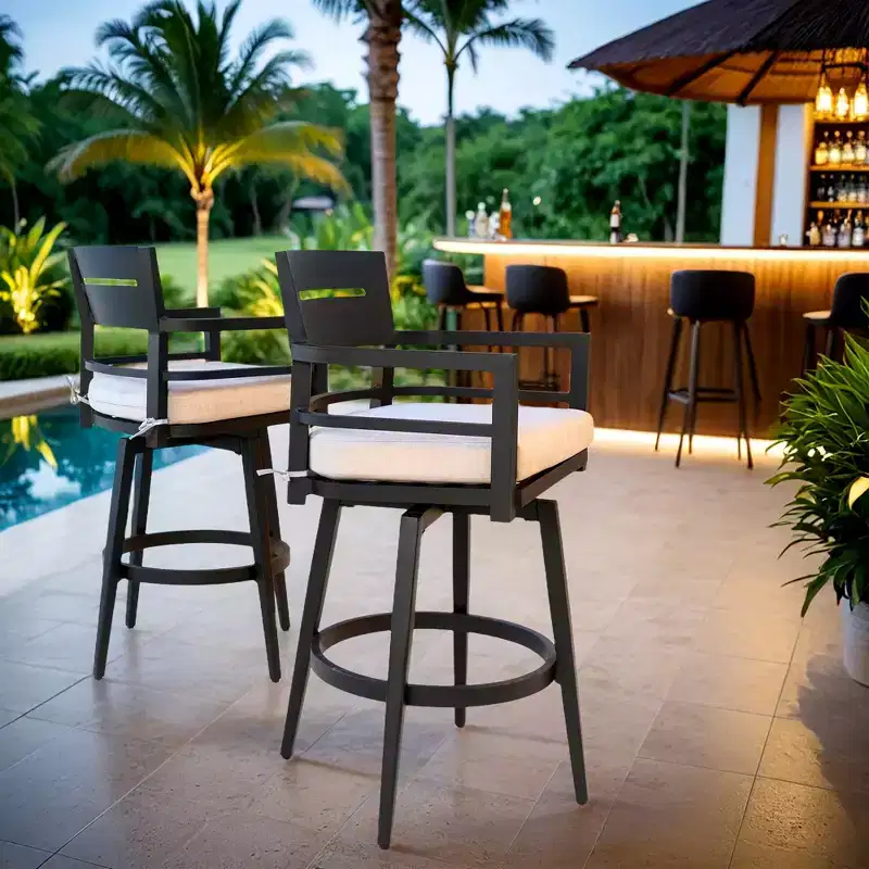 Swivel Outdoor Bar Stool Patio Bar Chair Set of 2, Aluminum Material & Tapered Leg & Moveable Cushion