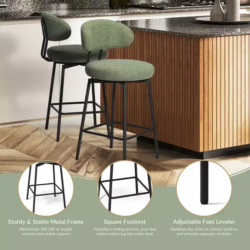 Modern Upholstered Faux Shearling Fabric Counter Height Bar Stools with Back (Set of 2