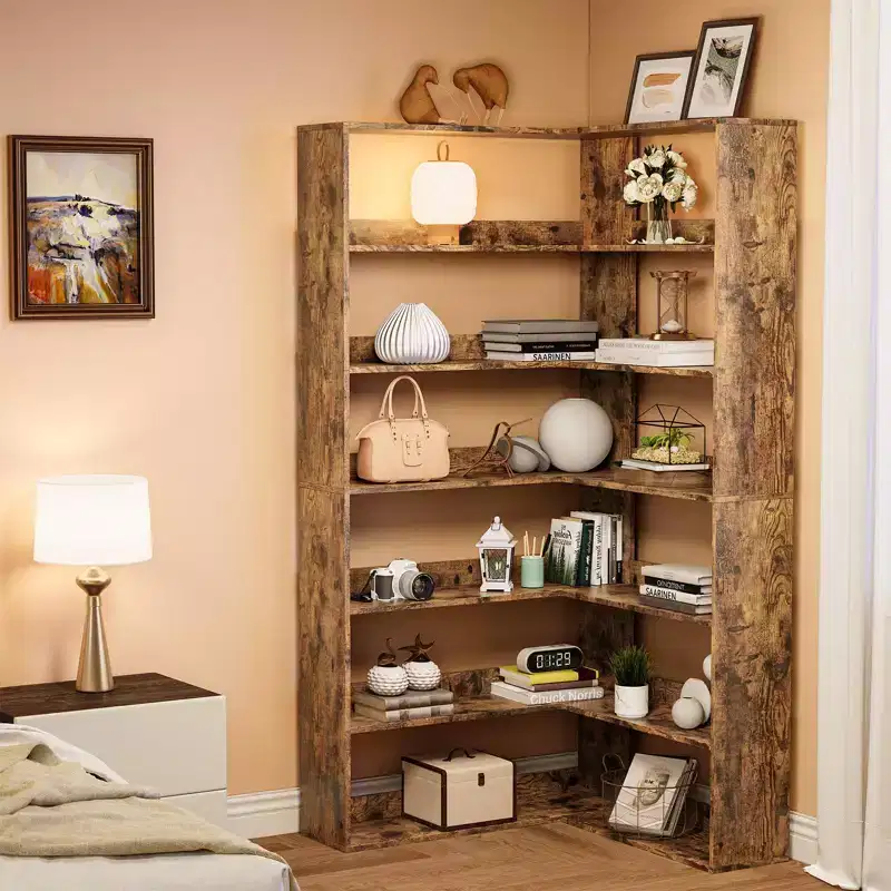 Corner Bookshelf, 6-Tier Tall Wooden Corner Bookcase with Baffles, Open Bookshelf L-Shaped Storage Display Rack, Bookcases Shelf Unit