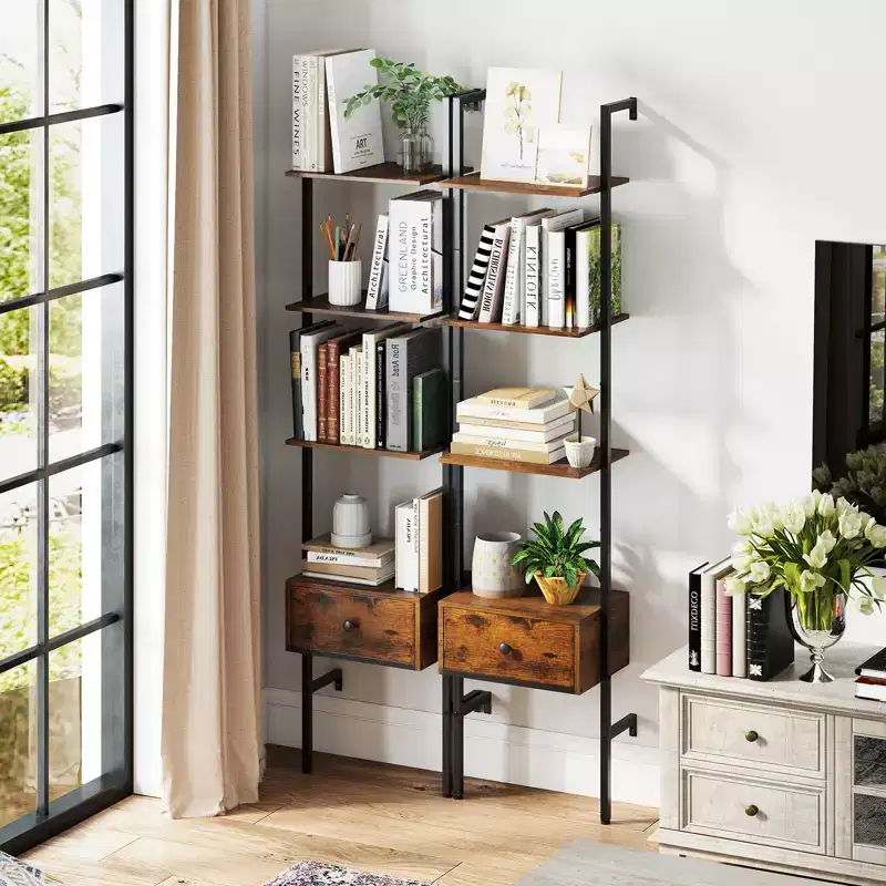 Costway 2 PCS 5-Tier Bookshelf w/ Drawer 70 Wall Mount Ladder Bookcase w/ Metal Frame