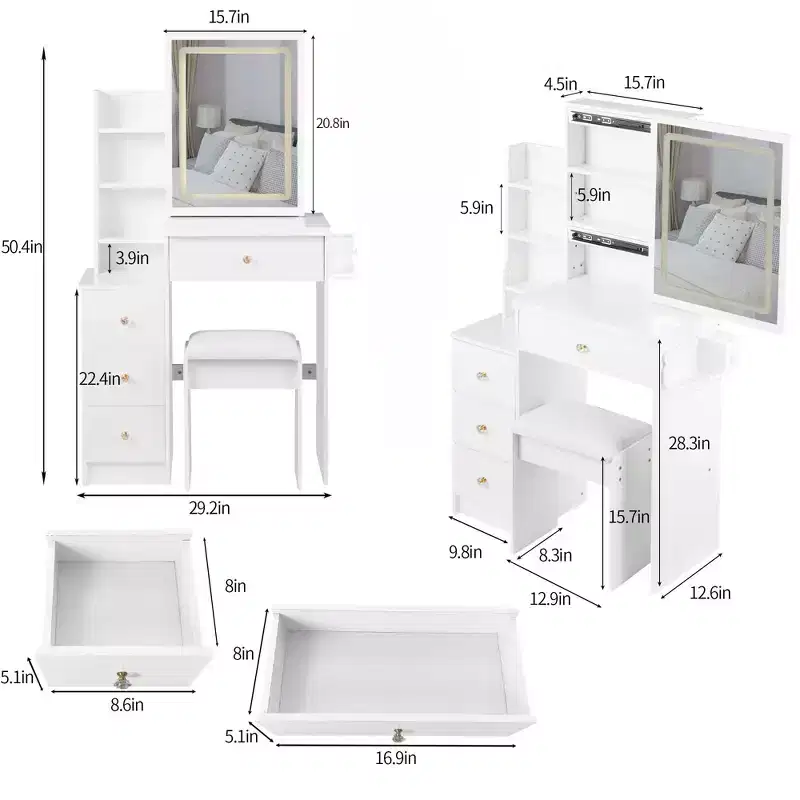 Okak Vanity Table with Drawers and Lights, 29.2 Compact Left-Side Bedside Vanity Desk with Oversized Touch-Sensitive Sliding LED Mirror, White